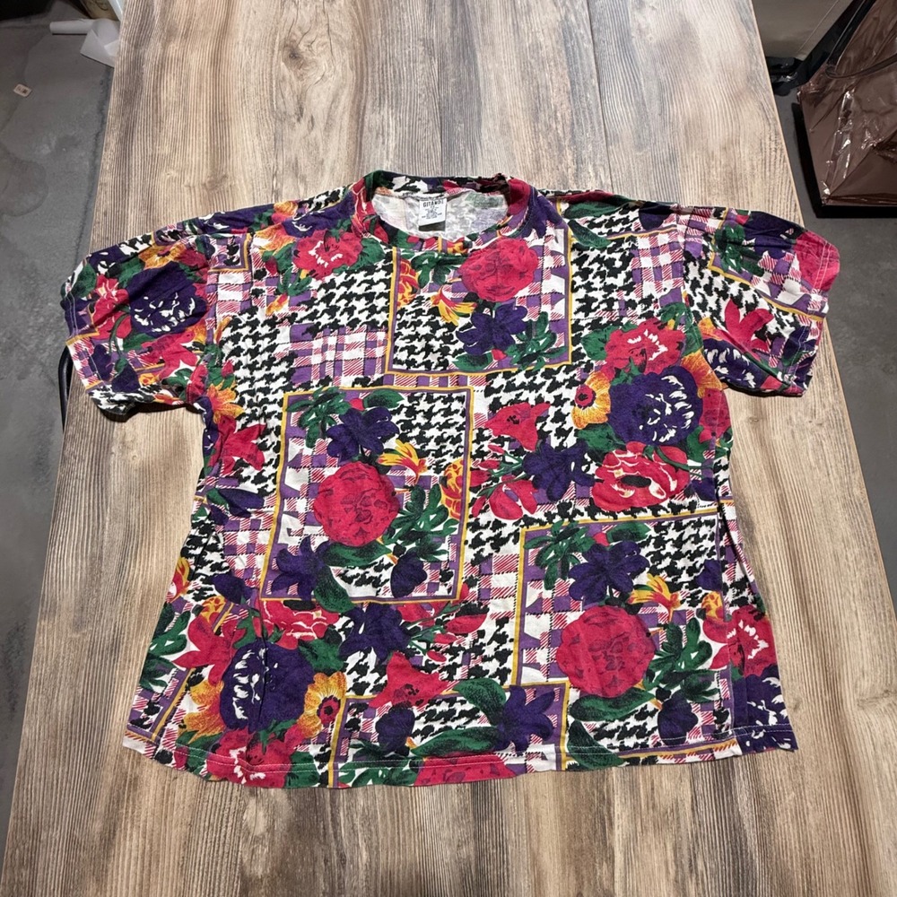 90s Gitano Short Sleeve Top Floral Houndstooth Mixed Print Grandmacore
